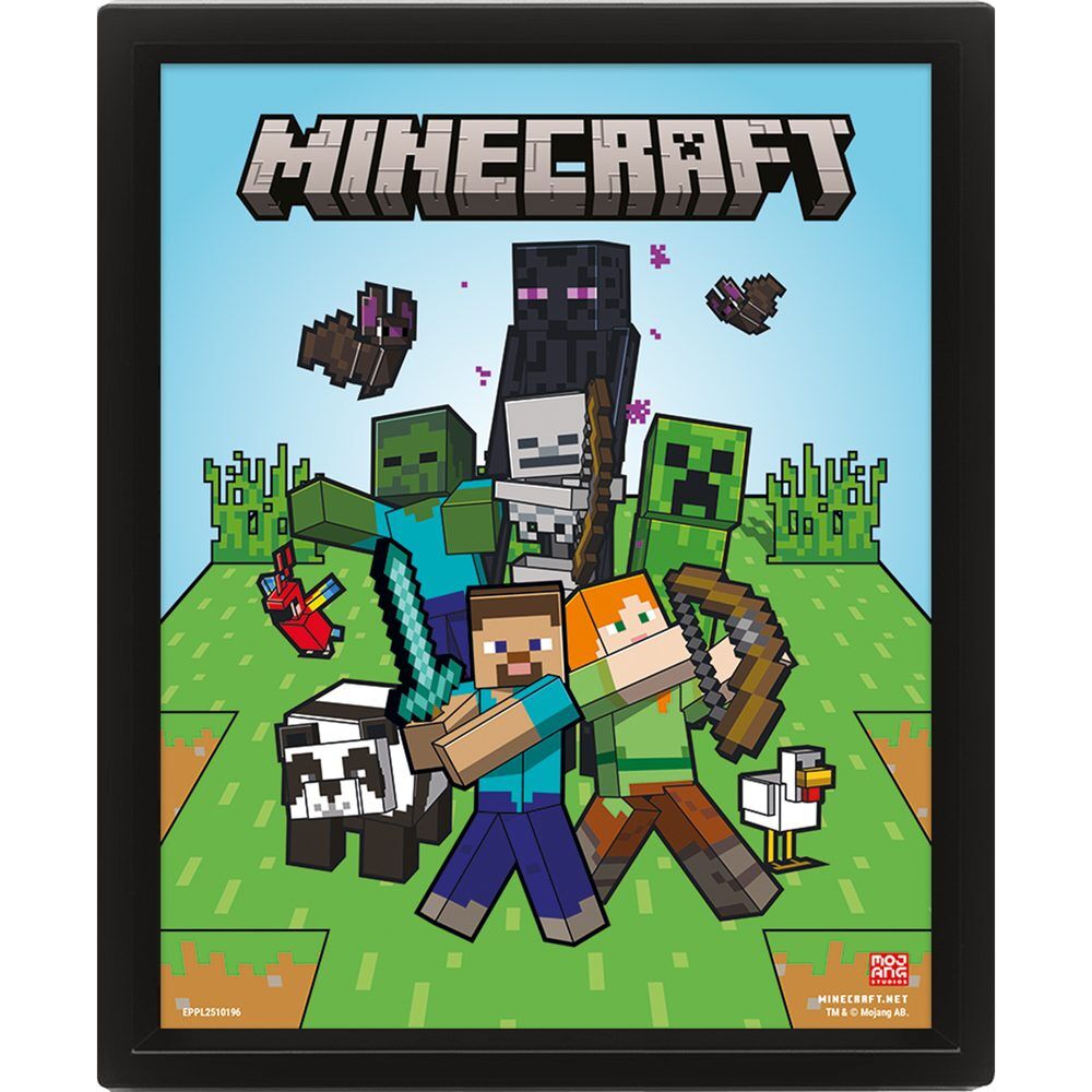 Poster 3D lenticular de Minecraft con Steve, Alex y criaturas