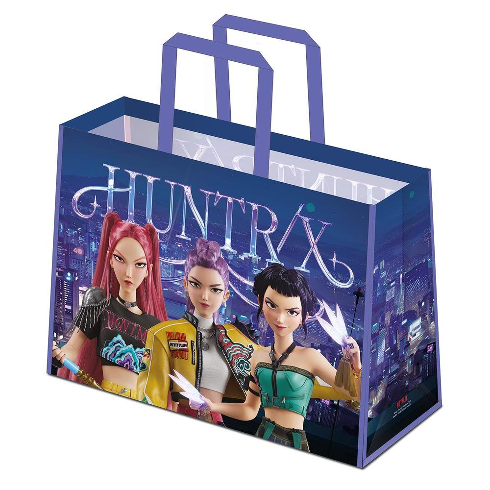 Bolsa shopping Huntrix de K-Pop Demon Hunters con tres personajes y asas moradas