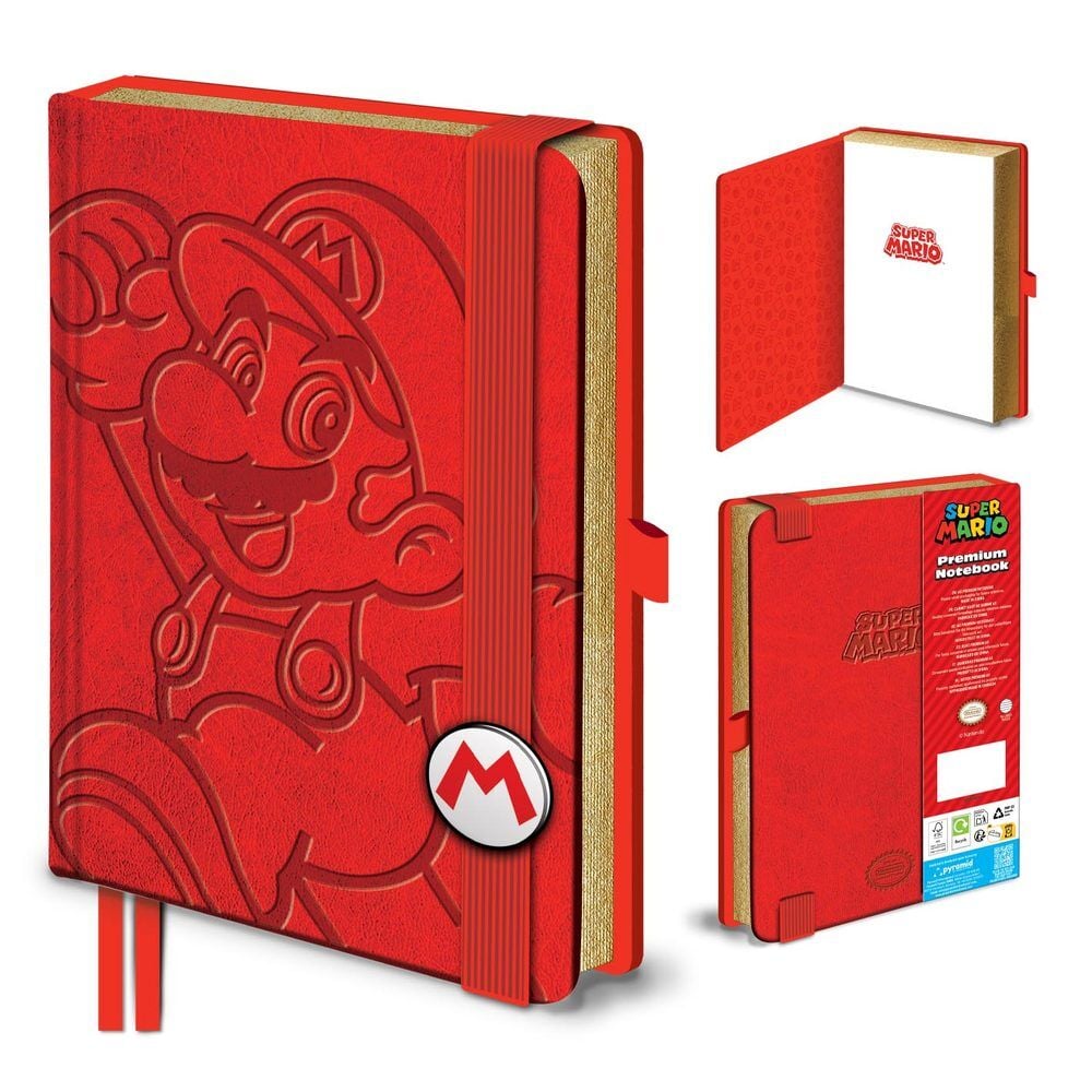 Cuaderno A5 rojo de Super Mario con diseño en relieve y cierre