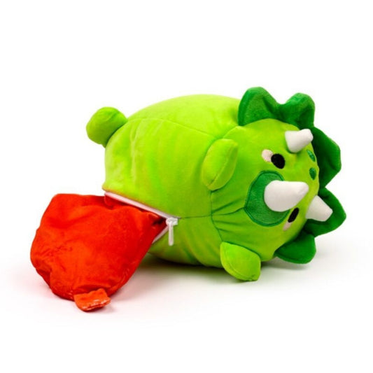 Peluche dinosaurio verde transformado en almohada de viaje naranja - 4