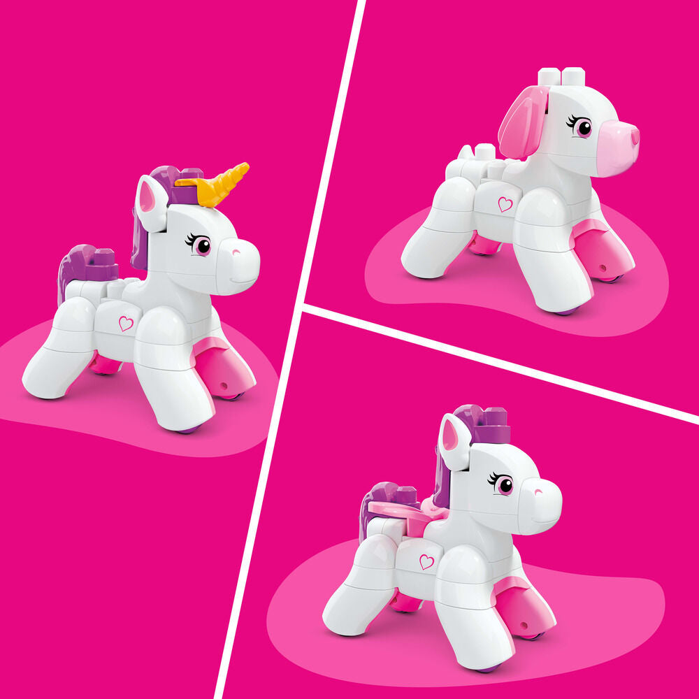 Unicornio MEGA Bloks blanco y rosa con cuerno dorado y ruedas - 5