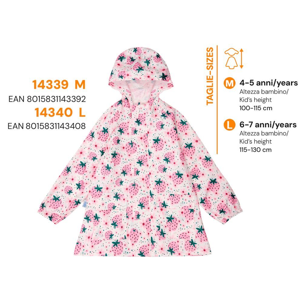 Chubasquero infantil rosa PERLETTI con estampado de fresas y espalda extensible