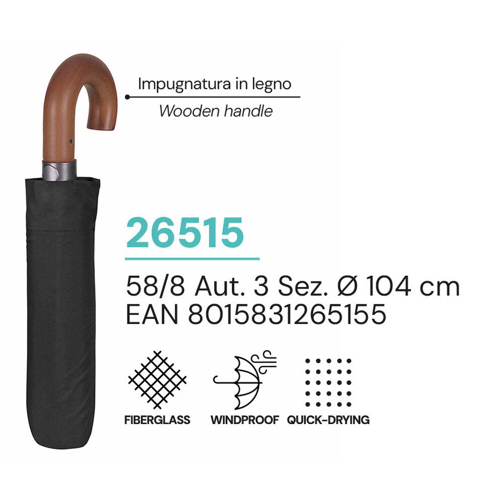 Paraguas plegable automático PERLETTI negro con mango curvo de madera