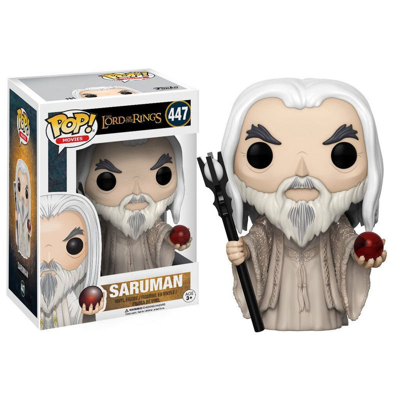 Figura Funko POP! de Saruman con bastón y esfera roja en su caja