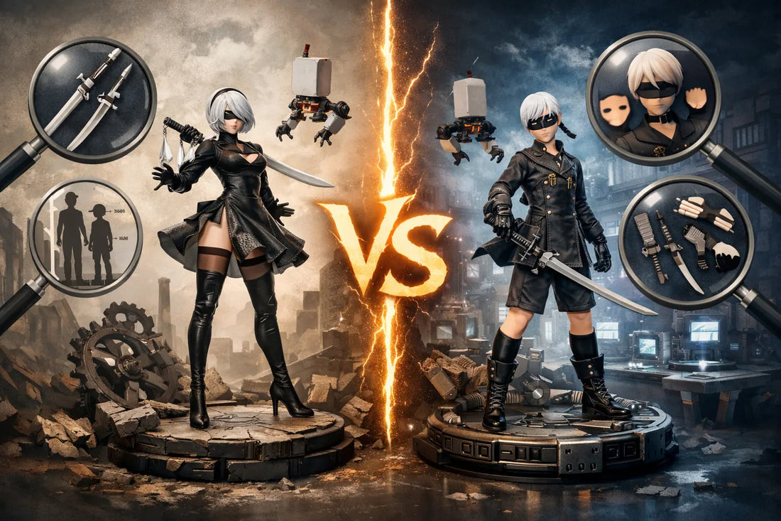 Ilustración editorial sobre ¿Qué diferencias debo comparar entre las figuras de 2B y 9S de NieR:Automata antes de comprar una para mi colección?