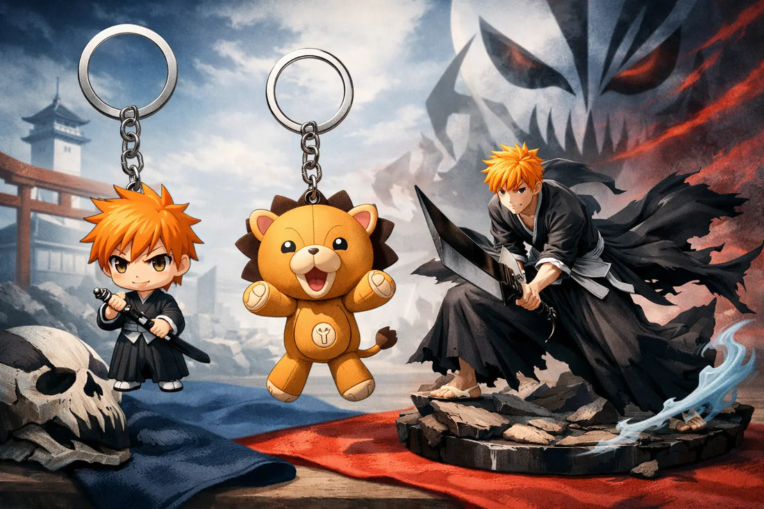 Ilustración editorial sobre ¿Qué producto de Bleach elegir entre un llavero de Ichigo, un llavero de Kon y una figura para exhibir?