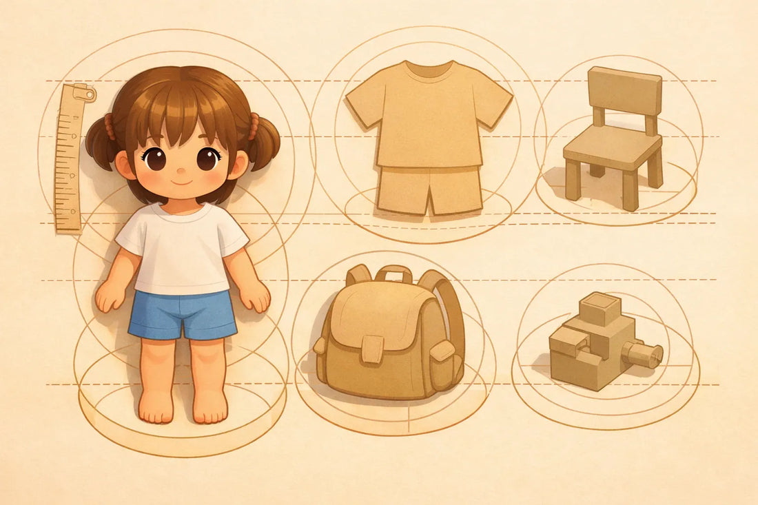 Ilustración editorial de una muñeca genérica junto a accesorios y elementos visuales para comparar tamaño y compatibilidad.