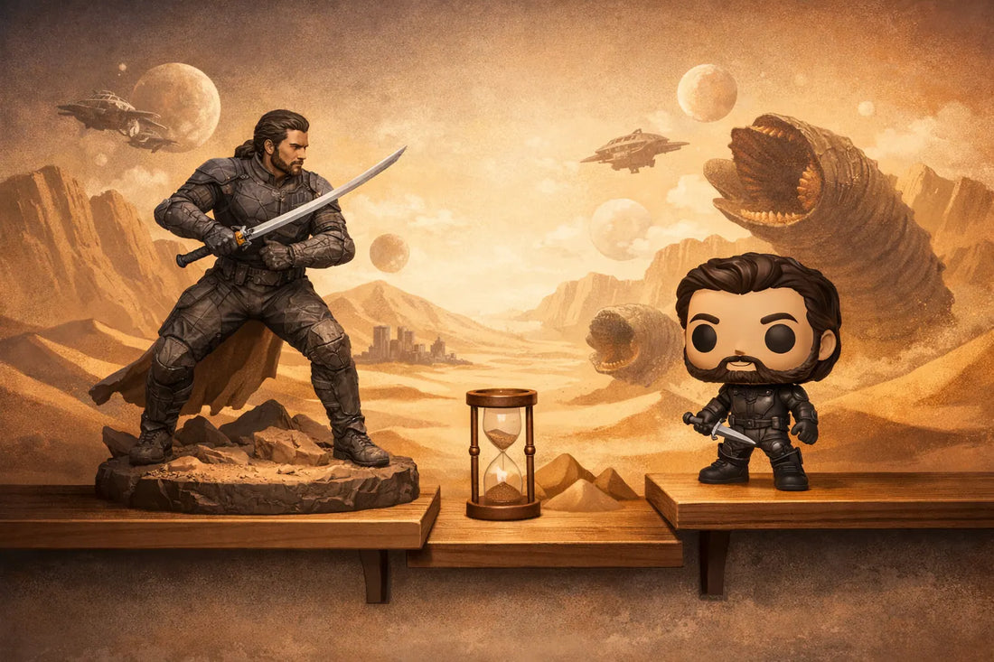 Ilustración editorial sobre ¿Qué conviene elegir de Dune para una estantería pequeña: una estatua de Duncan Idaho o una figura Funko Pop?