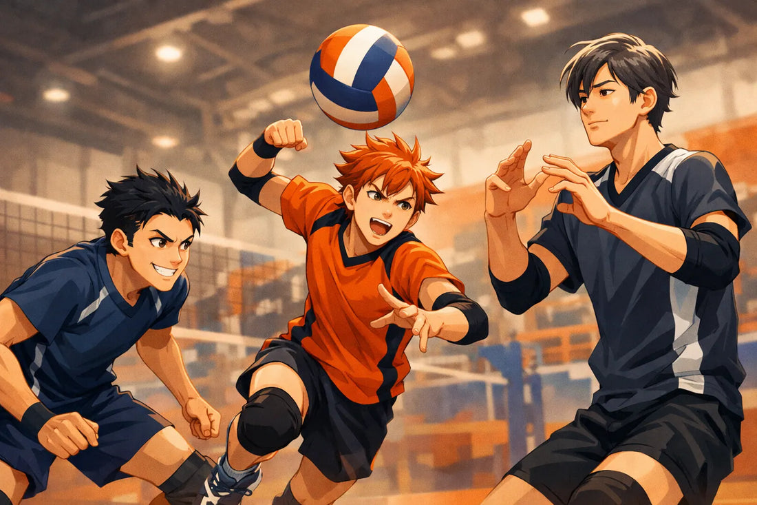 Tres jugadores de voleibol con estilos de juego contrastados en una pista cubierta