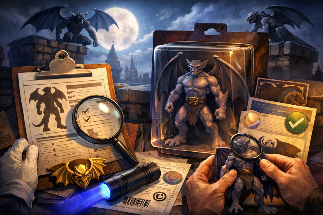 Ilustración editorial sobre ¿Qué debo comprobar en la ficha, el embalaje y la licencia de una figura de Gargoyles antes de comprarla?