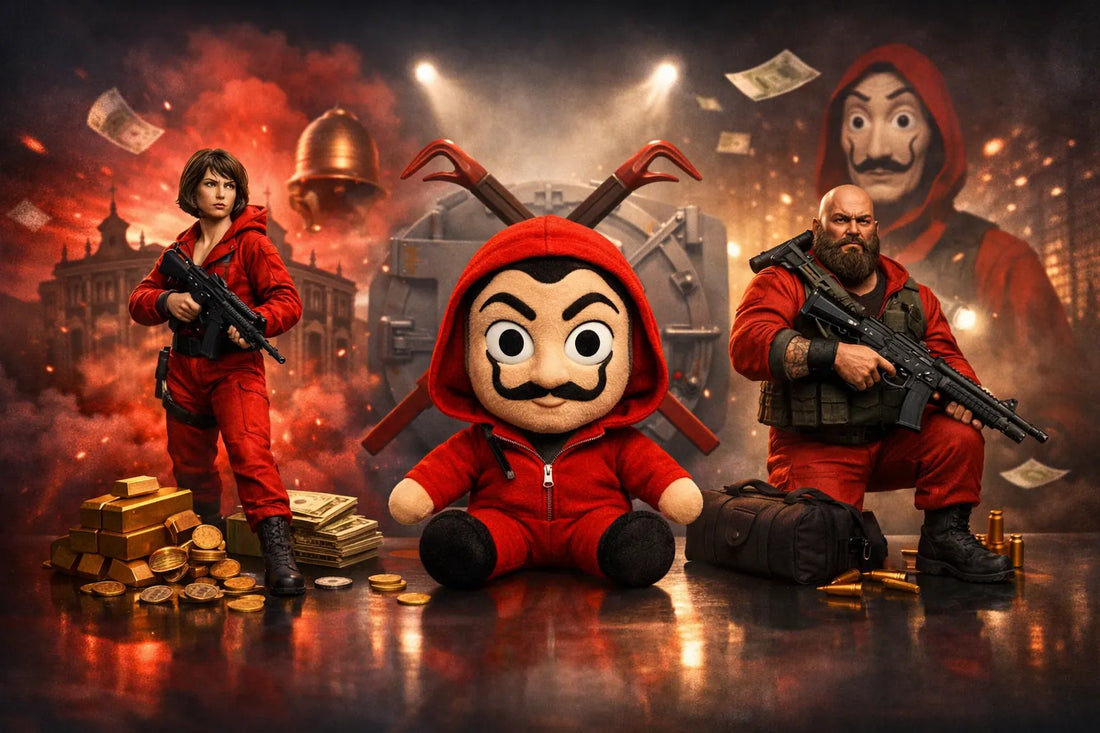 Ilustración editorial sobre ¿Qué producto de La Casa de Papel elegir entre una figura de Tokio, una de Helsinki y un peluche según el tipo de colección?