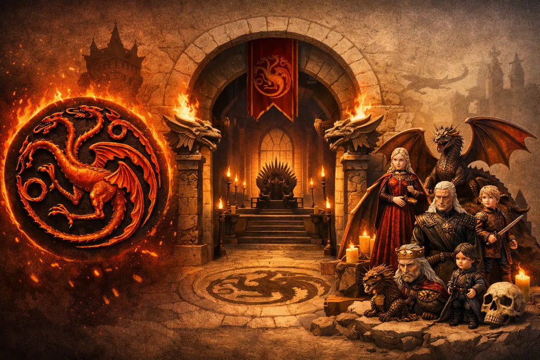 Ilustración editorial sobre ¿Qué artículo de La Casa del Dragón elegir según si la persona prefiere llevar un símbolo, decorar la entrada o coleccionar personajes?