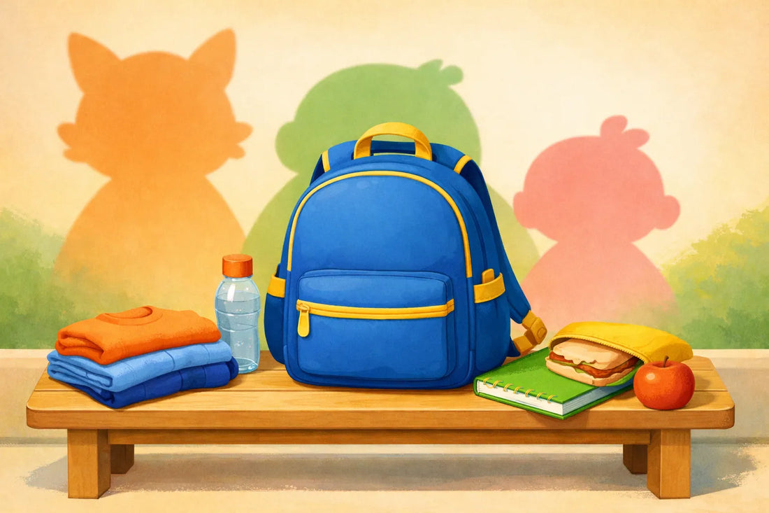 Ilustración de una mochila infantil rodeada de objetos que representan distintos usos diarios.