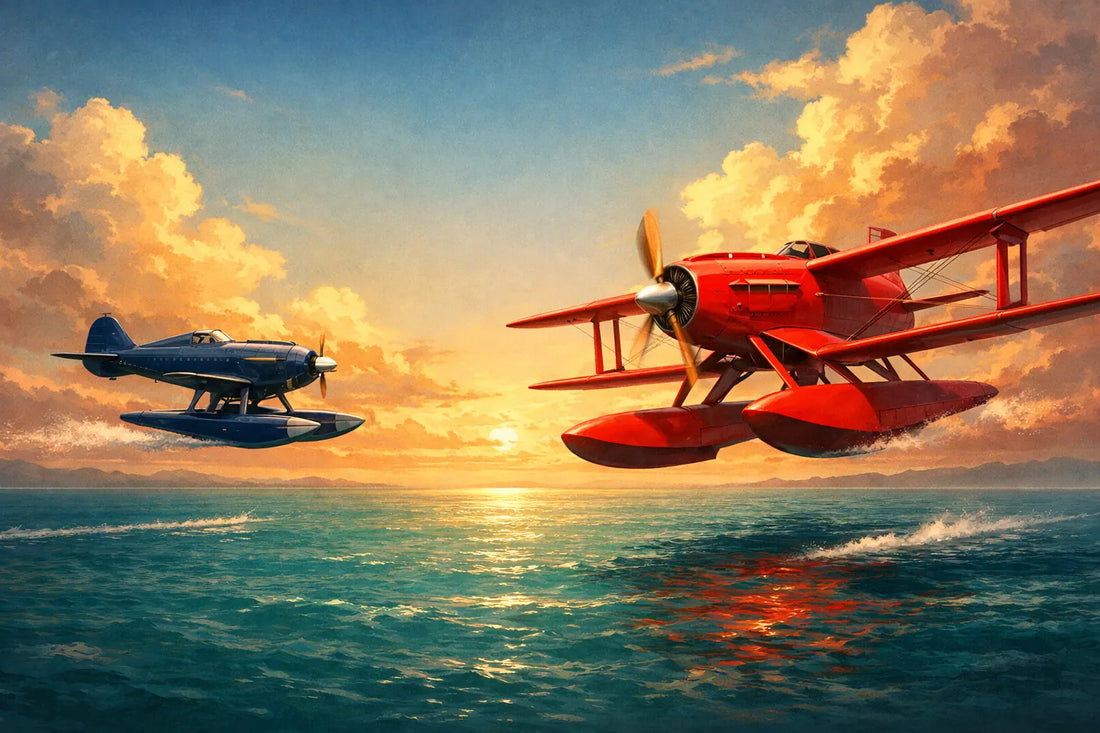 Dos hidroaviones de carreras de estilos contrastados vuelan sobre el mar, representando la elección entre una maqueta compacta y otra más protagonista.
