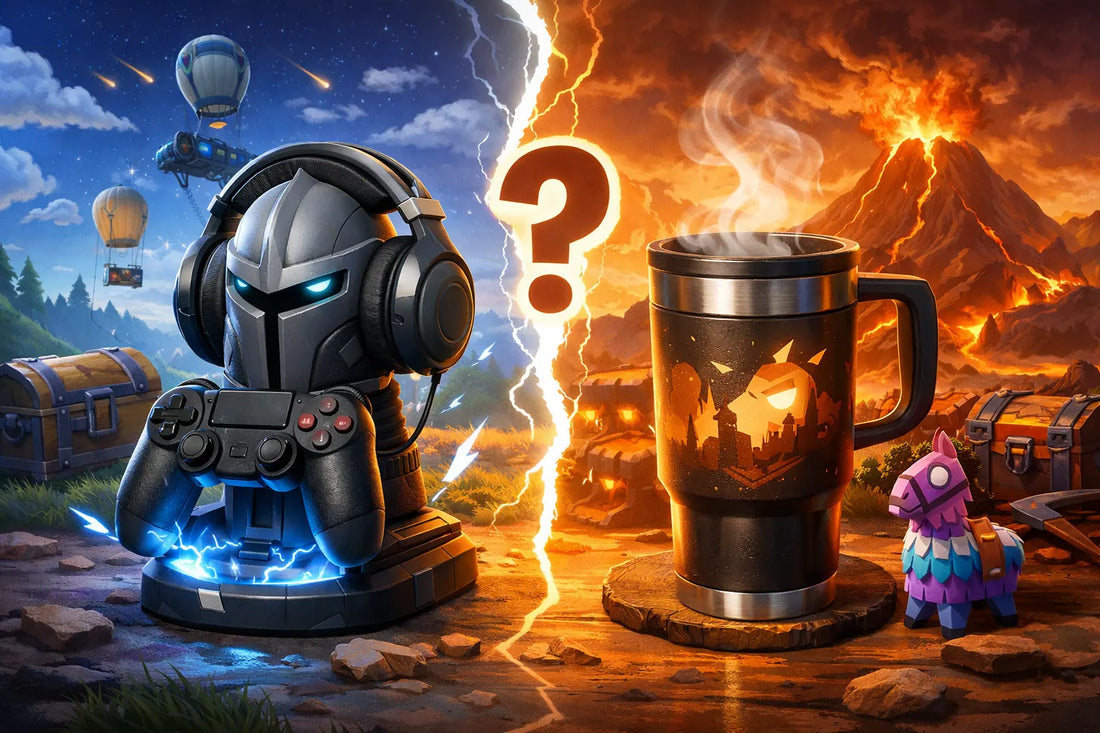 Ilustración editorial sobre ¿Qué regalo de Fortnite encaja mejor con un jugador: un soporte de auriculares con carga o un vaso térmico?
