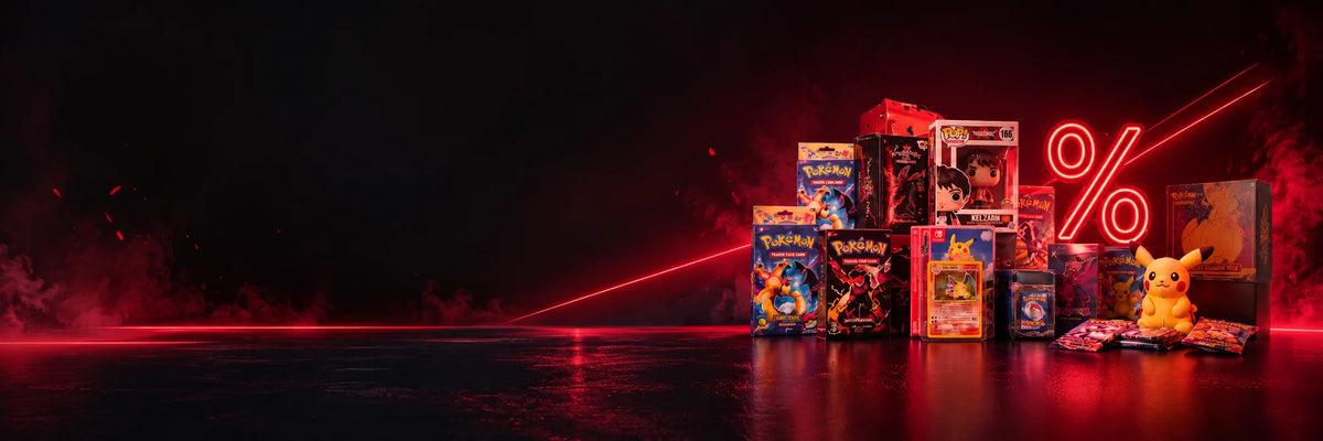 Banner de ofertas especiales de BigFanStore con cartas Pokémon, figuras Funko Pop y productos coleccionables.