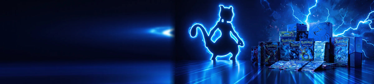 Banner de Pokémon con silueta de Mewtwo iluminada en azul, cartas coleccionables y productos Pokémon de BigFanStore.