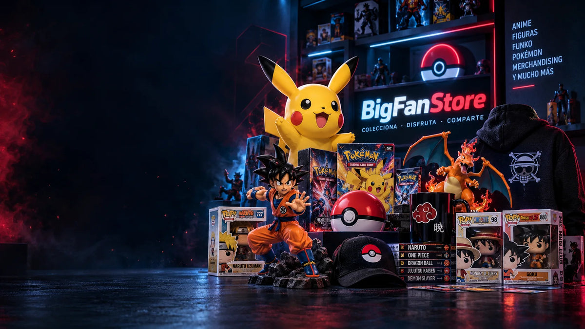 Banner de BigFanStore con figuras de Pokémon, Dragon Ball y One Piece, cartas coleccionables, Funko Pop y merchandising de anime.