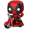 Figura Funko POP! de Deadpool sobre un scooter rojo