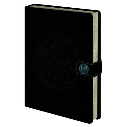 Cuaderno A5 negro de Harry Potter con escudo de Hogwarts y cierre lateral