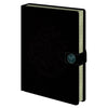 Cuaderno A5 negro de Harry Potter con escudo de Hogwarts y cierre lateral
