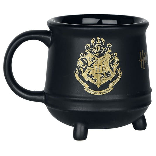 Taza caldero negra de cerámica con escudo dorado de Hogwarts