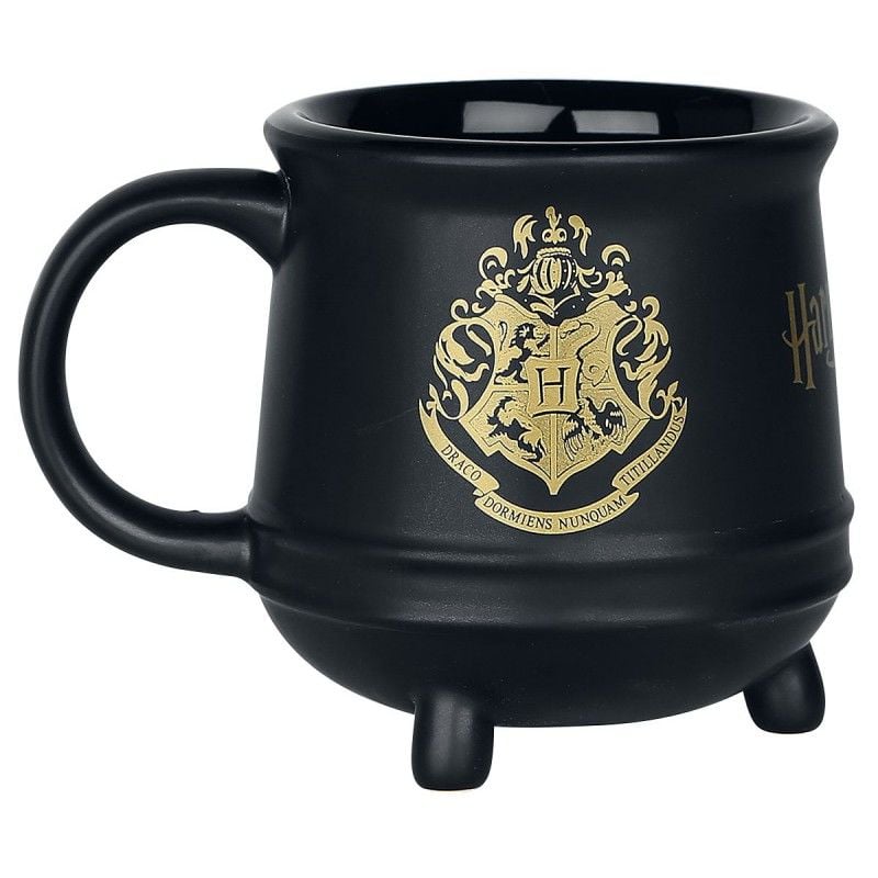 Taza caldero negra de cerámica con escudo dorado de Hogwarts