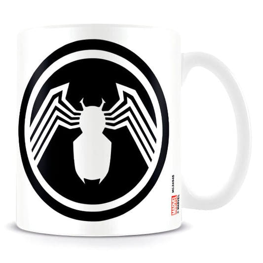 Taza blanca de cerámica Venom Marvel con logo de araña en blanco y negro