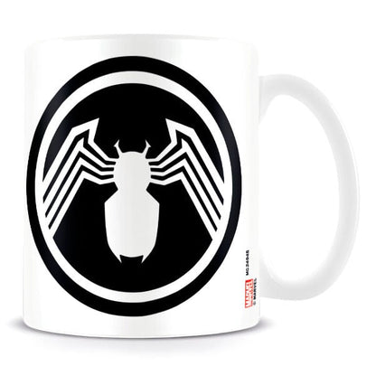 Taza blanca de cerámica Venom Marvel con logo de araña en blanco y negro