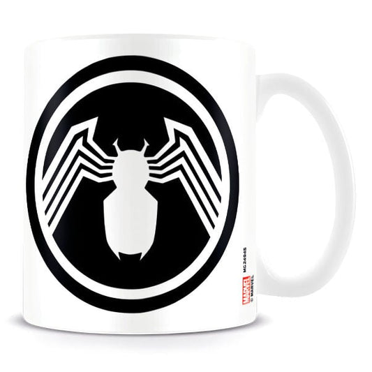 Taza blanca de cerámica Venom Marvel con logo de araña en blanco y negro