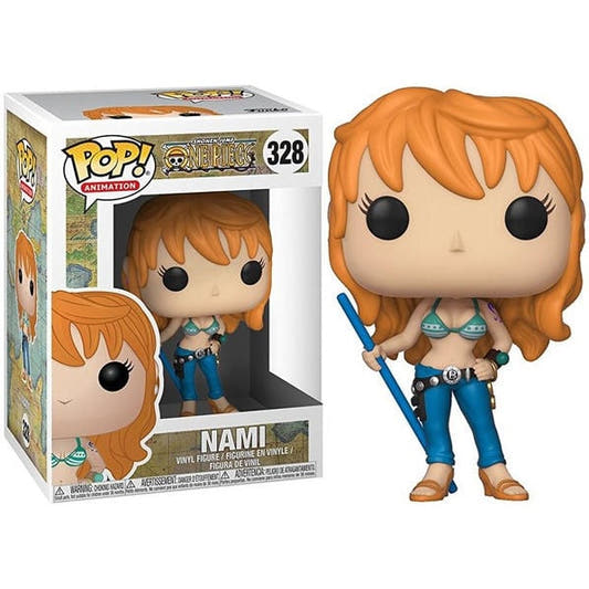 Figura Funko POP! de Nami de One Piece con bastón azul en su caja