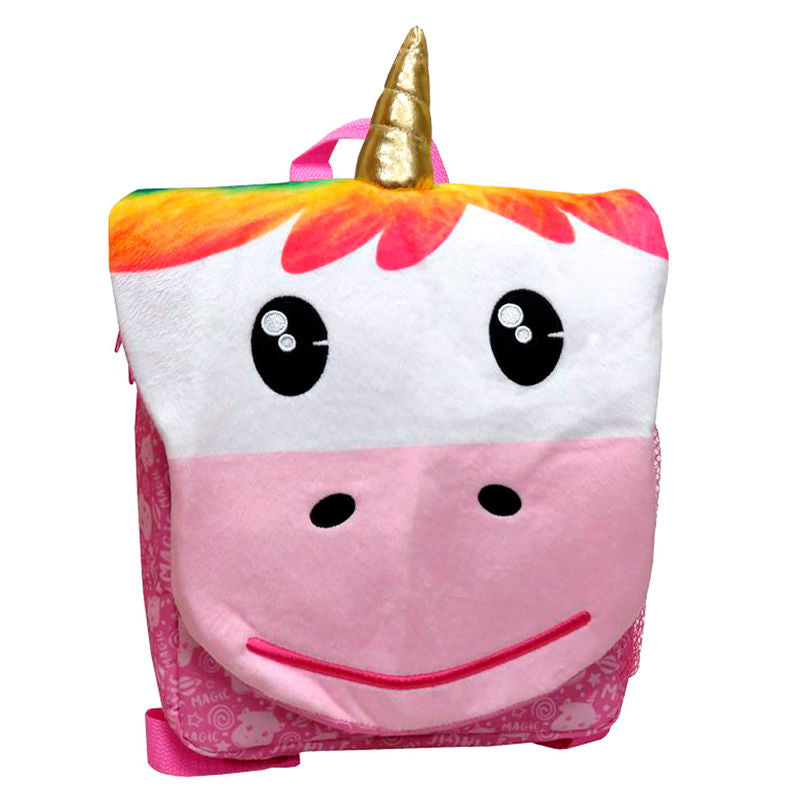 Mochila rosa Bagoose con diseño frontal de unicornio y cuerno dorado