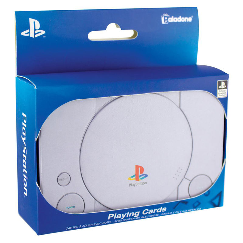 Baraja de cartas PlayStation en caja metálica con forma de PS1
