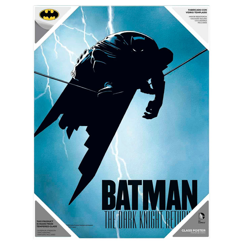 Póster de cristal de Batman The Dark Knight Returns con silueta sobre fondo azul