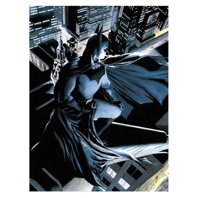 Póster de cristal de Batman sobre una ciudad nocturna
