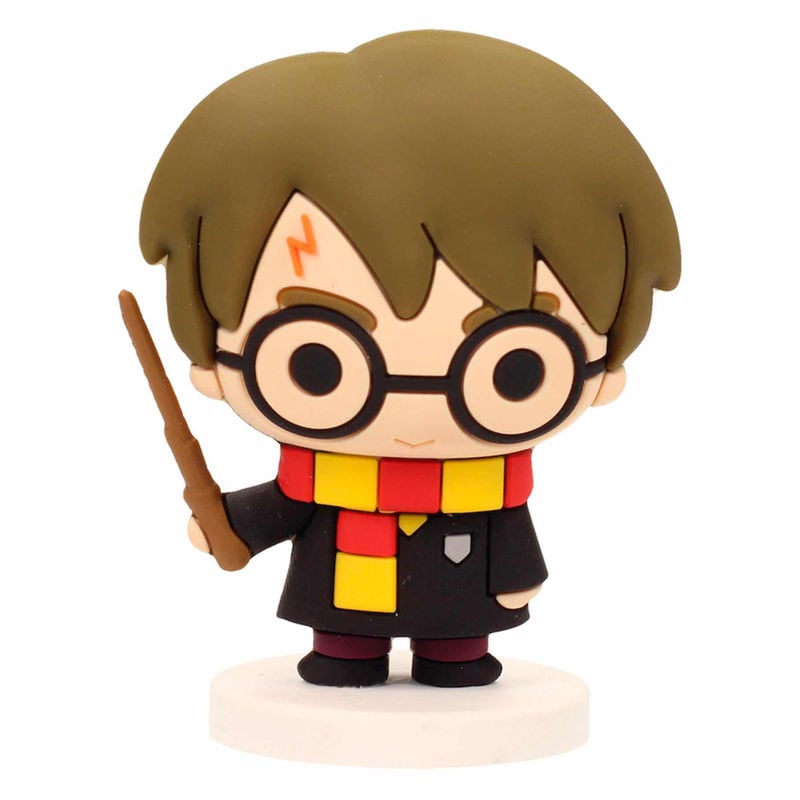 Figura mini de Harry Potter con gafas, varita y bufanda sobre una base