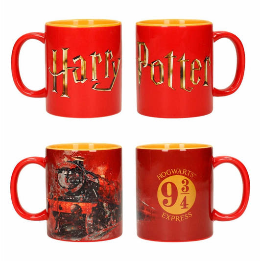 Set de cuatro tazas rojas de Harry Potter con diseños de Hogwarts y Hogwarts Express