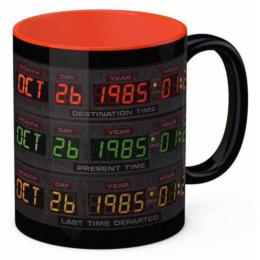 Taza negra del DeLorean de Regreso al Futuro con pantalla temporal
