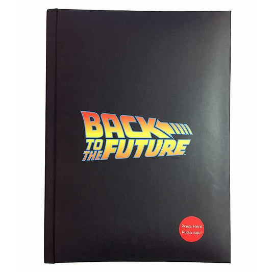 Diario negro de Regreso al Futuro con logo luminoso