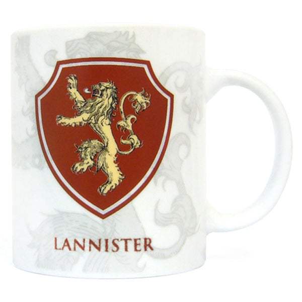 Taza blanca de Juego de Tronos con escudo Lannister