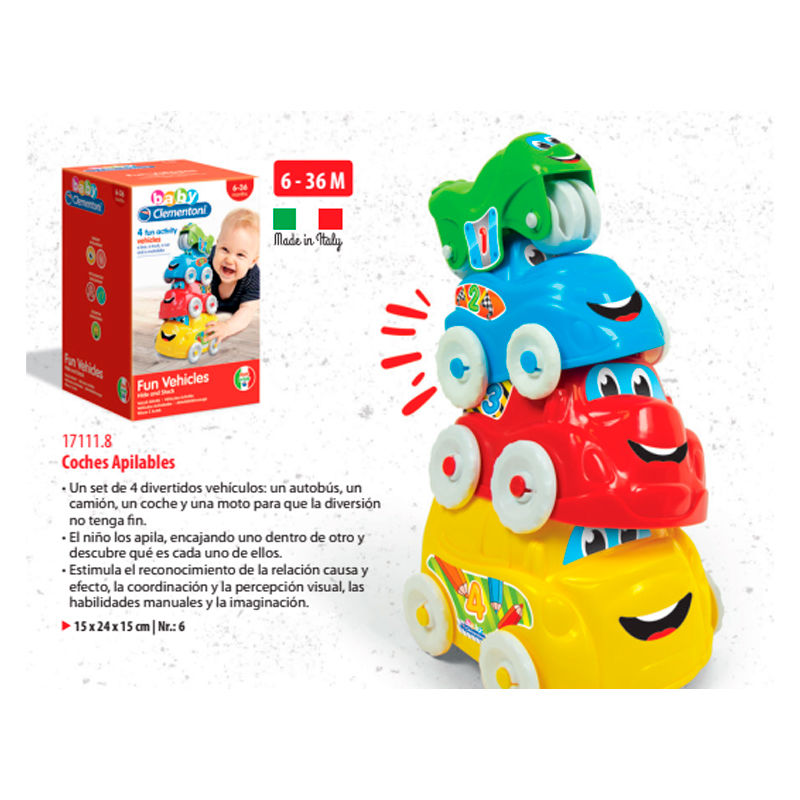 Clementoni Baby coches apilables con cuatro vehículos de colores - 2