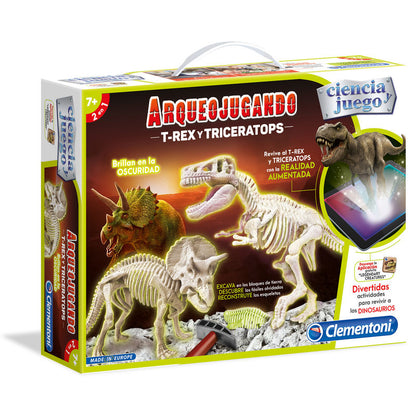 Caja del juego Clementoni Arqueojugando T-Rex y Triceratops fosforescente
