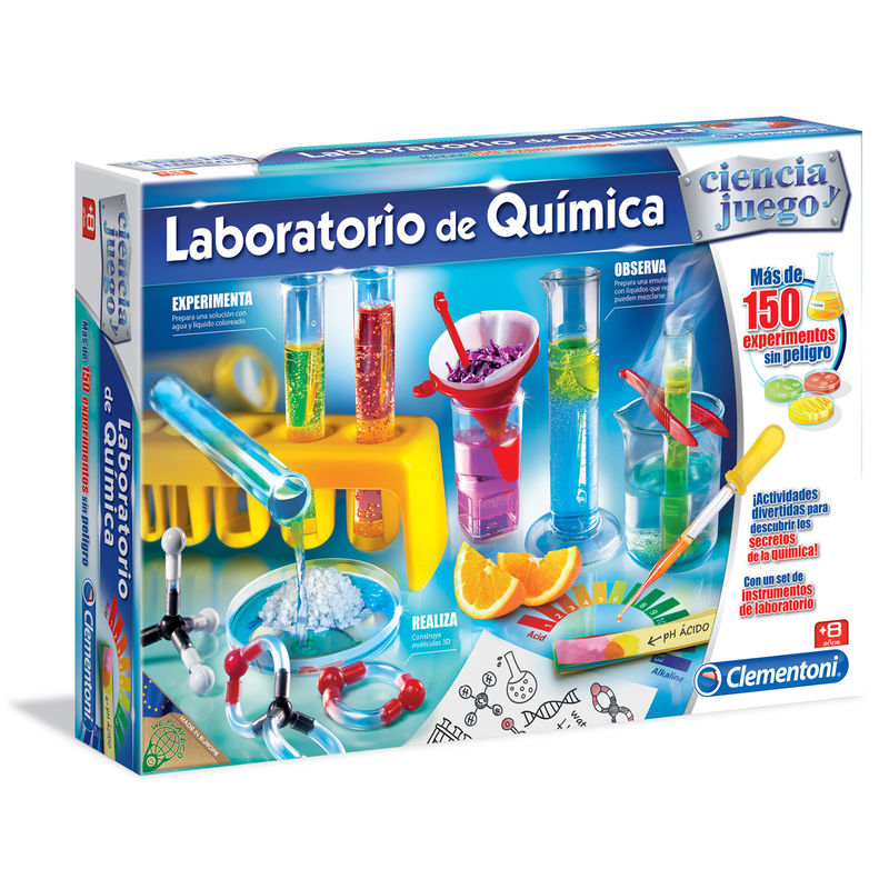 Laboratorio de Química Clementoni con instrumental científico y experimentos