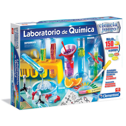 Laboratorio de Química Clementoni con instrumental científico y experimentos