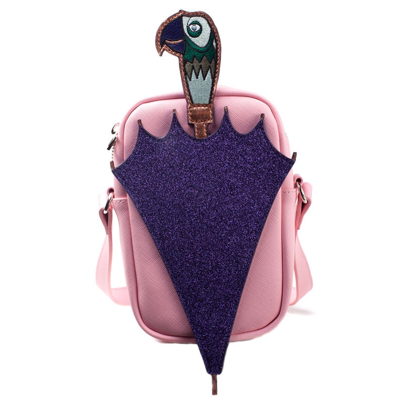 Bolso bandolera rosa de Mary Poppins Disney con paraguas morado y loro