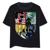 Camiseta negra de Harry Potter con escudo de Hogwarts y sus cuatro casas