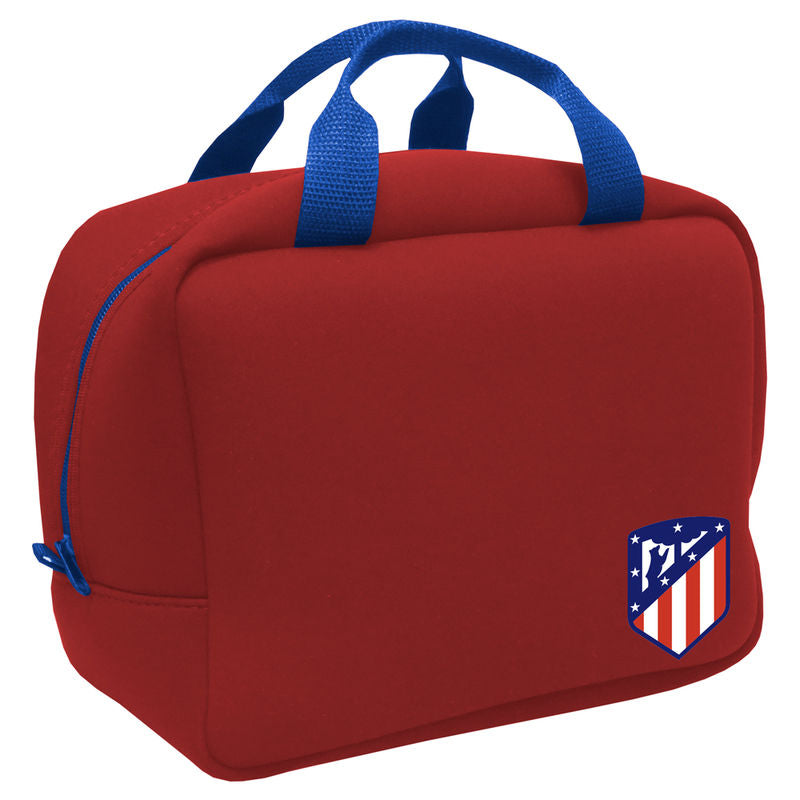 Bolsa portameriendas roja del Atlético de Madrid con asas azules y escudo frontal