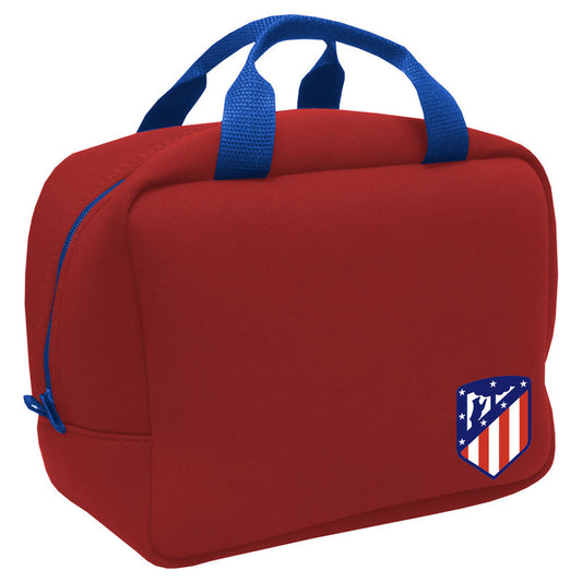 Bolsa portameriendas roja del Atlético de Madrid con asas azules y escudo frontal