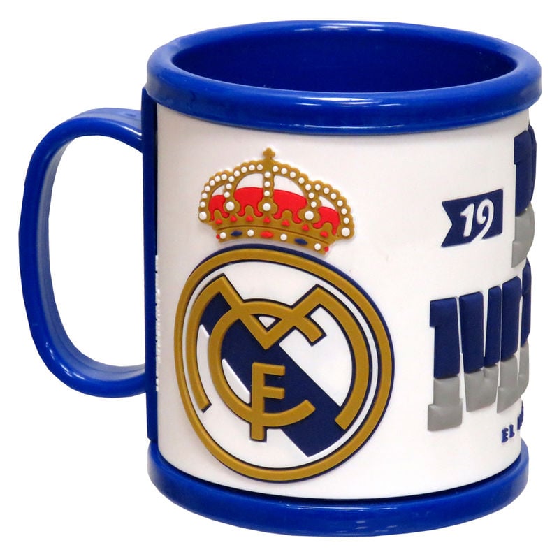 Taza Rubber blanca y azul con escudo del Real Madrid