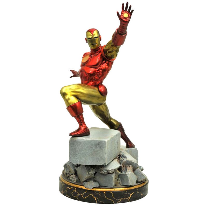 Estatua de Iron Man Classic Marvel en pose dinámica sobre una base de escombros